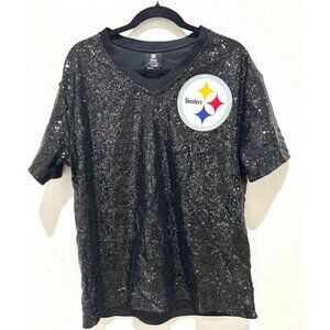 NEW Pittsburgh Steelers Women's Large Team Glam Wordmark Sequin Short Sleeve T-S